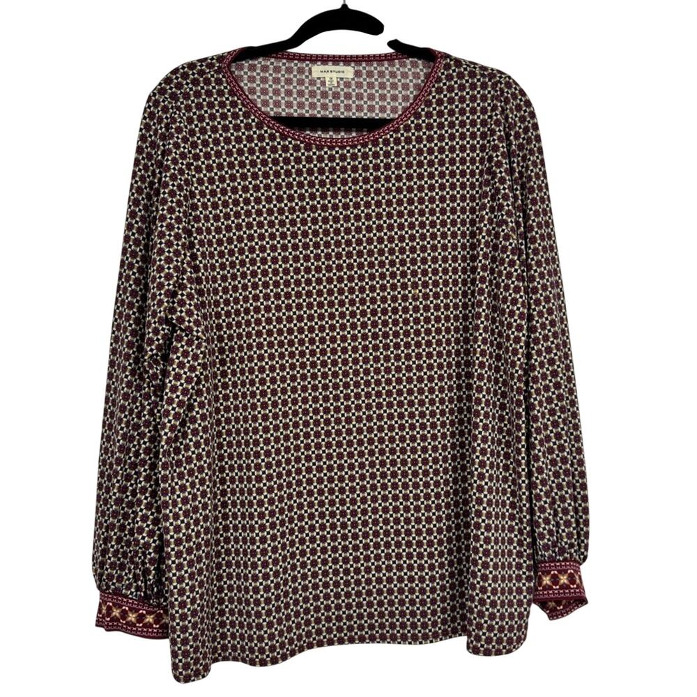 Max Studio Multi Color Geometric Print Blouse Womens 1X Casual Balloon Sleeve